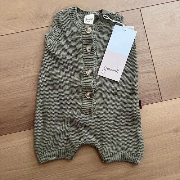 NWT Goumi Kids Artichoke Knit Baby Romper SZ 0-3mo Green Organic Cotton Shortie - Picture 1 of 3